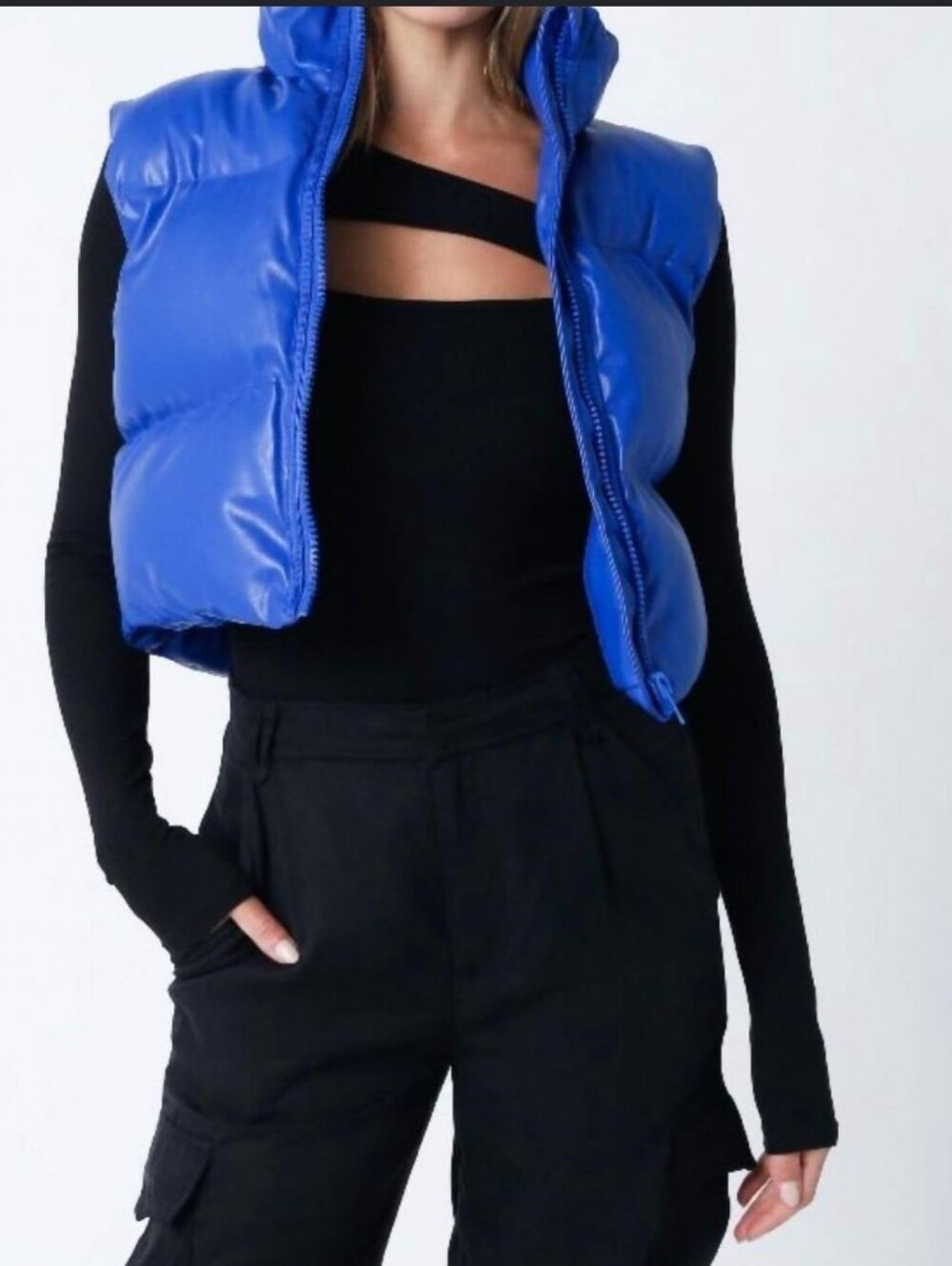 Olivaceous Liza Faux Leather Cropped Puffer Vest Cobalt Blue M